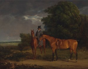 A Groom Mounted on a Chestnut Hunter, He Holds a Bay Hunter by the Reins by Jacques Laurent Agasse